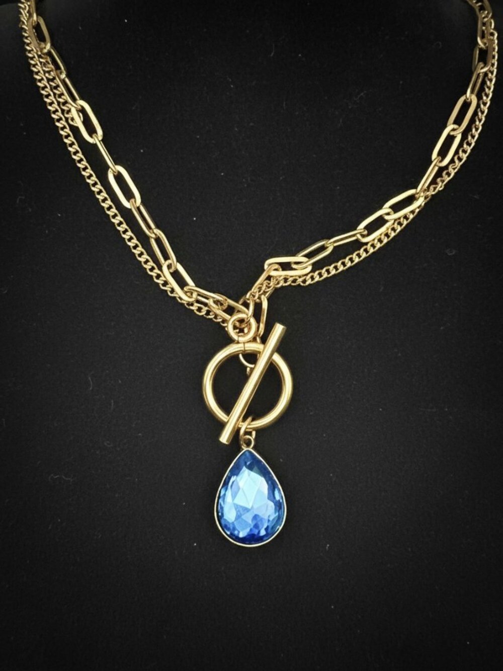 Rebecca Ray Gold Toggle Necklace with Crystal Teardrop Pendant: Blue